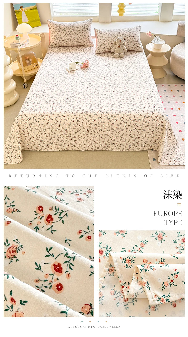 1pc Washed Cotton Flat Bed Sheets Single/Queen/King Size Bed Cover for Double Bed Flower Printed Soft Bed Sheets Top Sheets Set
