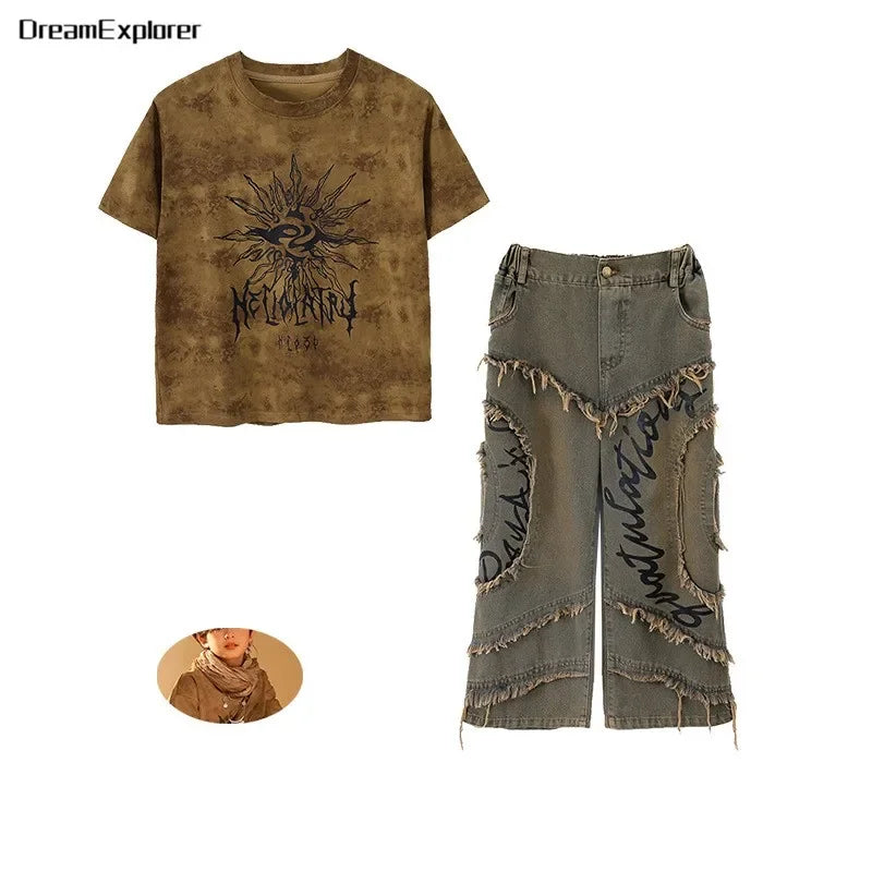 Boys Wasteland Punk Street Dance Sweatshirt Jeans Pants Girls Hip Hop Clothes Sets Kids Jazz Stage Costumes Children Streetwear