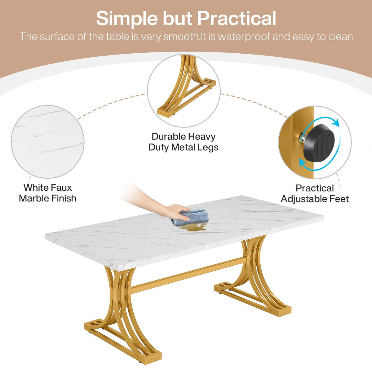 63-Inch Faux Marble Dining Table, White