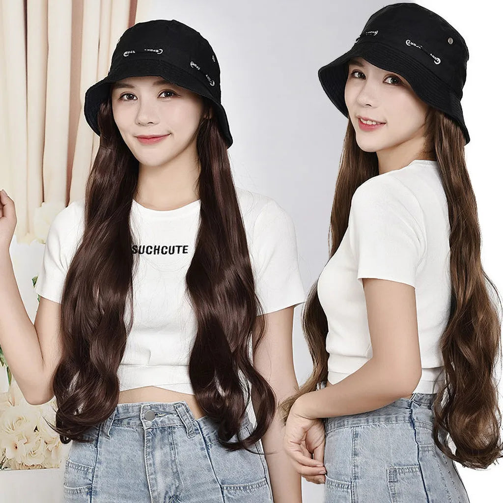 Bucket Hat Synthetic with Hair Cap Fashion Long Curly Hair Big