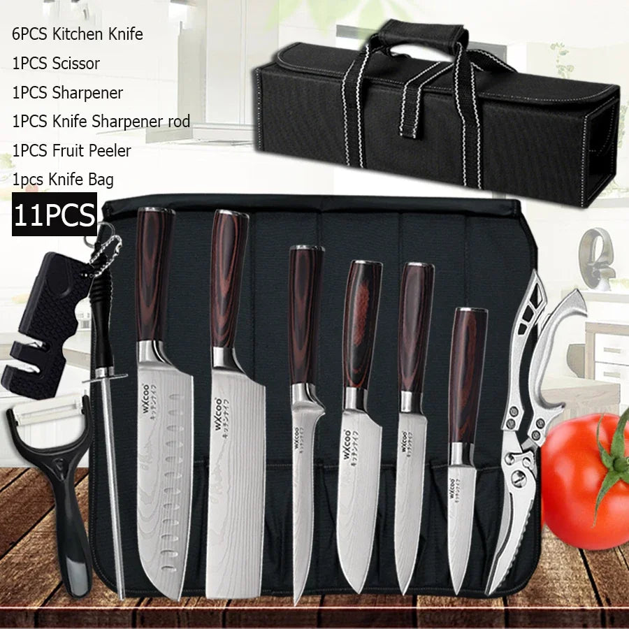 WXCOO Japanese Knife Set with Knife Bag Kitchen Knives Damascus Laser Fish Fillet Meat Cleaver Fruit Peeler Santoku Cutter