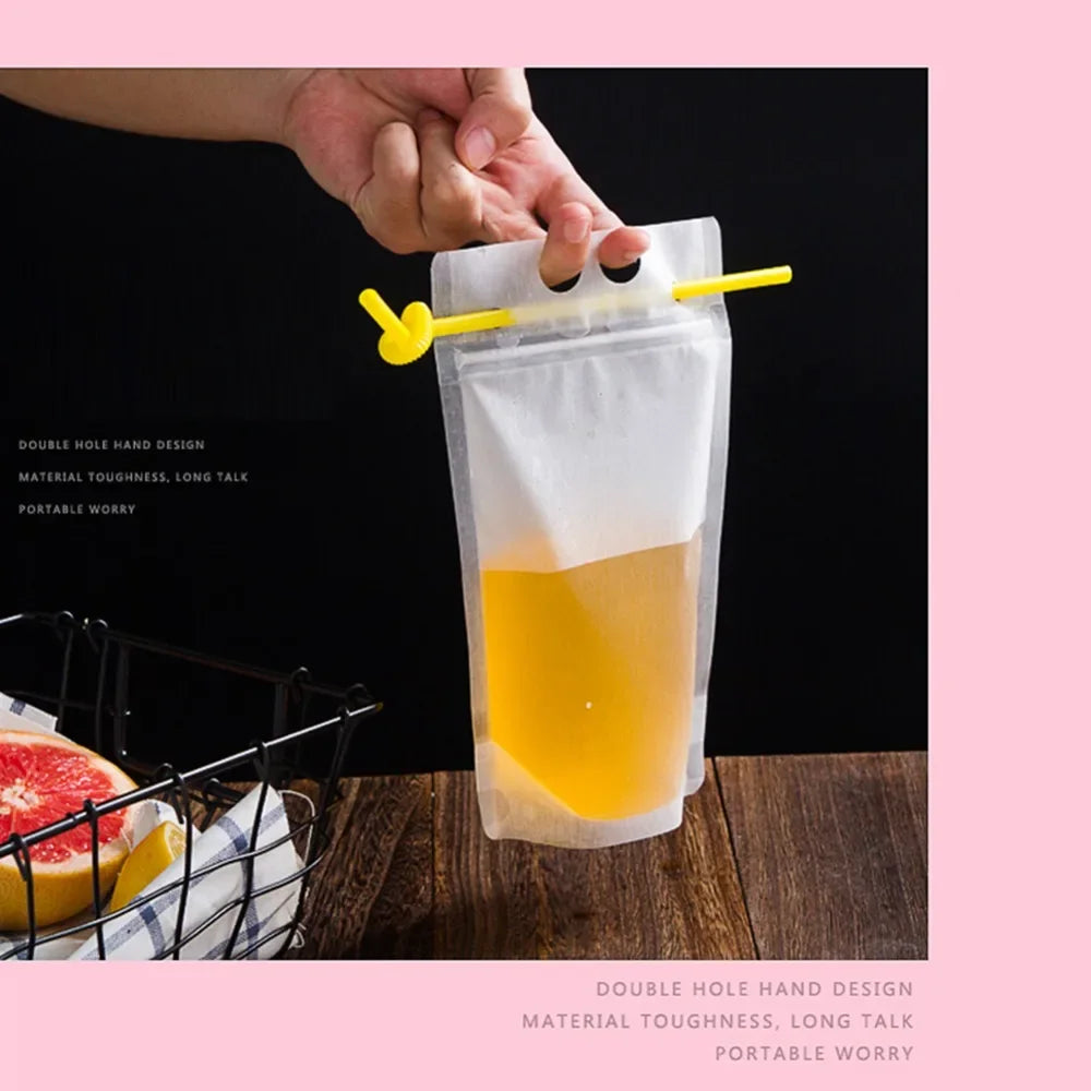 50Pcs Clear Plastic Drinking Packaging Bag Food Fresh Keeping Transparent Beverage Juice Milk Coffee Pouch Zip Bag Without Straw