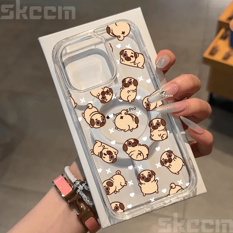 Cute Dachshund Bulldog Pattern Magnetic Phone Case For iPhone 17 16 15 14 13 12 11 Pro Max 16E X XS XR Clear Hard Cover