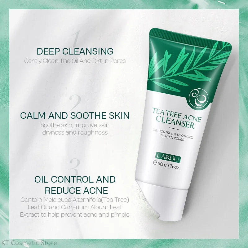 LAIKOU Tea Tree Serum 17ml Anti-Acne Cream 20g Cleanser 50g Plant Extract Refreshing Hydrating Moisturizing Skin Care Set Beauty
