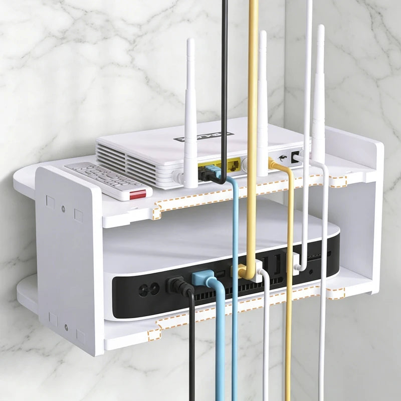 2 Tier Wall Mount Shelf No Drill Router TV Box Power Strips Floating Organizer Home Hanging Storage Cable Management with Hooks