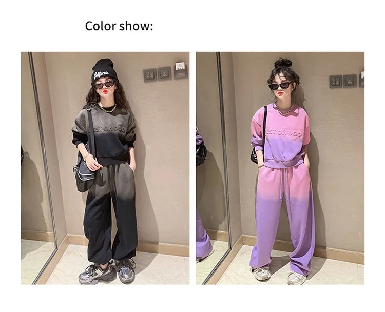 Girls Contrast Tie Dye Alphabet Sweatshirt+Drawstring Sweatpant Sets School Kids 2PCS Tracksuit Children Jogging Outfits 5-16 Yr