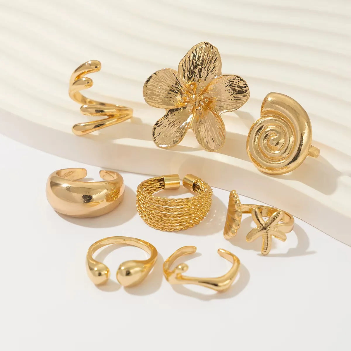 8-Piece Set Retro Metal Petal Water Drop Open Ring Women's