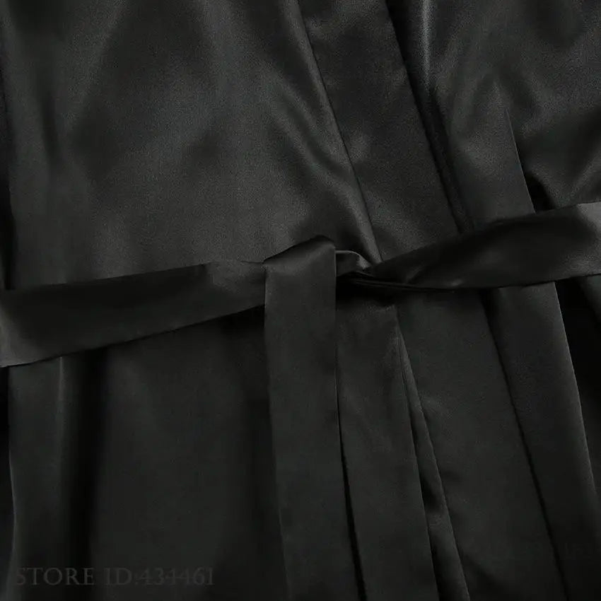 Fashion Black Feather Long Robe Dress Negligee Spring Summer Female Pajama Sleepwear Sexy Satin Nightgown Bathrobe Home Wear