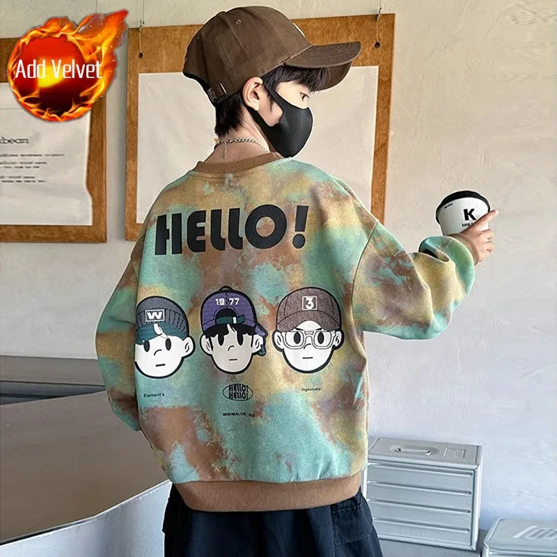 Boys' Mid-Large Size 2025 New Autumn-Winter & Spring-Autumn Long Sleeve Fleece-Lined Thickened Stylish Sweatshirt
