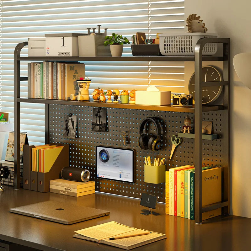 Iron Desktop Pegboard Bookshelf Multi Tier Desk Organizer Storage Shelf Student Computer Workstation Tidy Rack Cabinet Furniture