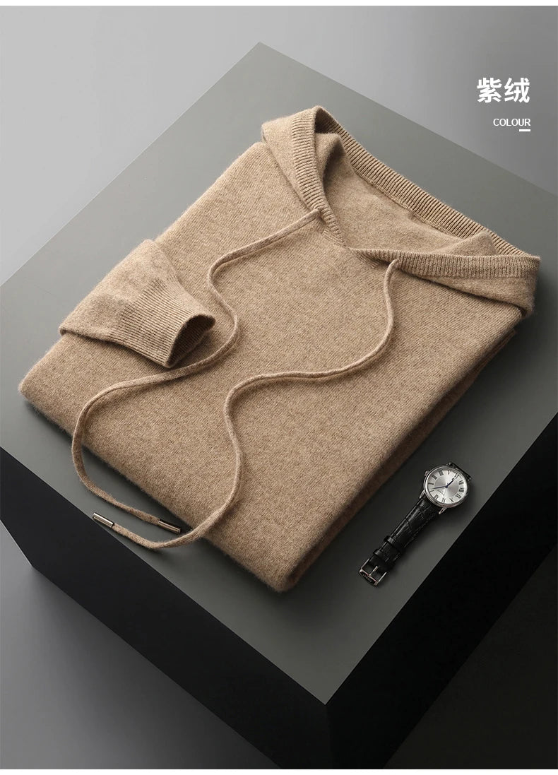 MVLYFLRT Men's 100% Merino Wool Sweater Hooded Collar Knitted Pullover Sweatshirt Autumn Winter Casual Large Tops Long Sleeved