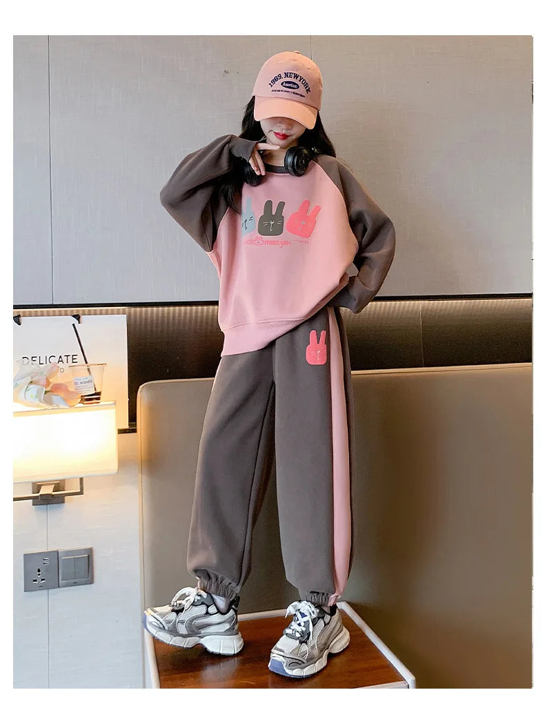 Girls Cotton Contrast Cartoon Alphabet Loose Sweatshirt+Sweatpant School Kids Tracksuit Child Jogger Outfit Workout Sets 5-16Yrs