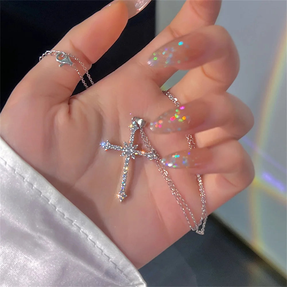 Elegant Crystal Cross Pendant Necklace Silver Color Star Ladies Necklace Fashion Party Jewelry Women Gift Wholesale