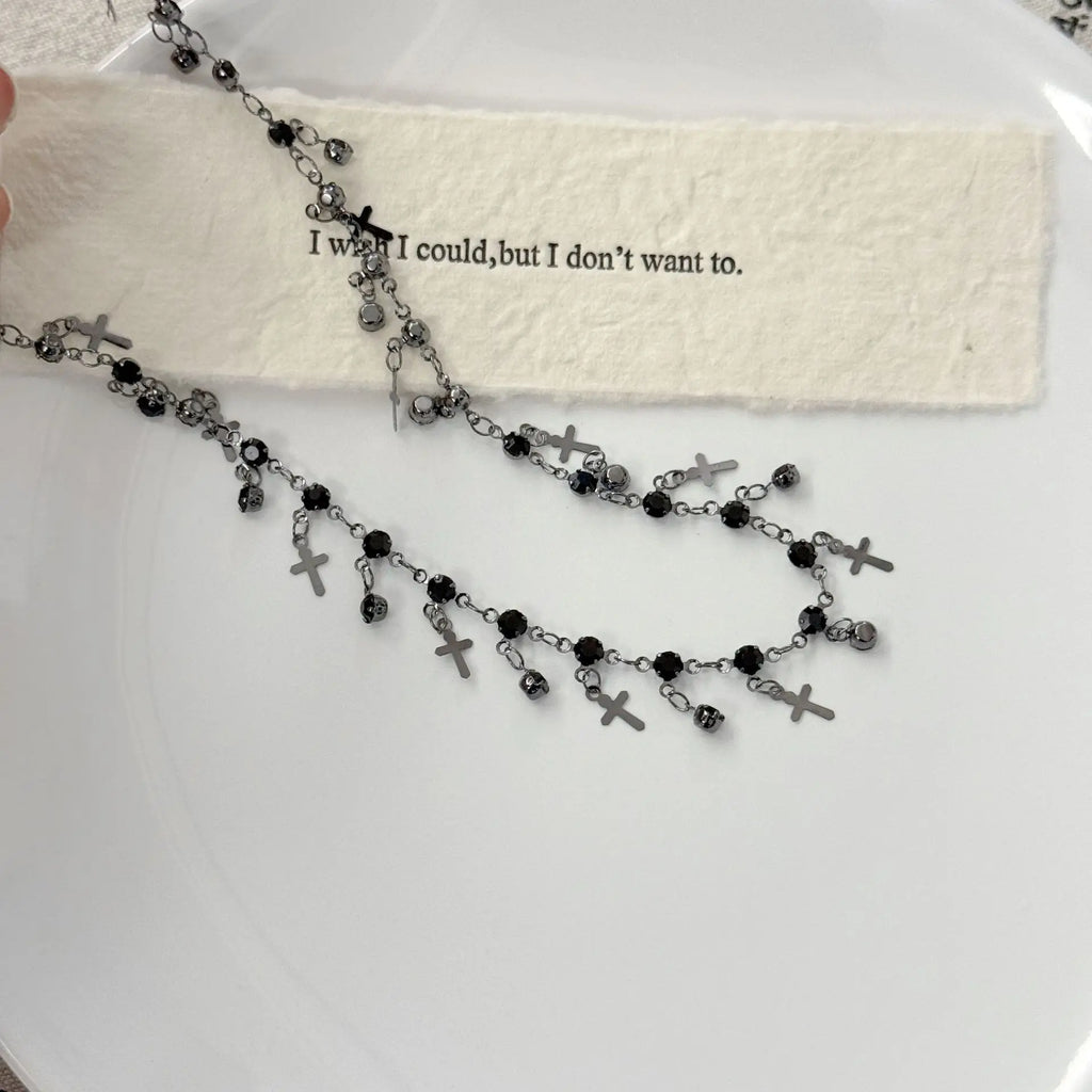 Goth Y2K Black Crystal Metal Cross Pendant Tassel Choker Necklaces
