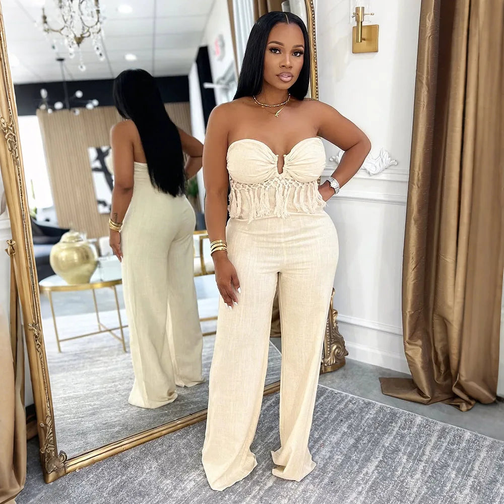Pant Set Women Two Piece Sets Strapless Sleeveless Sexy Short Tops Long Pants High Waist Y2k Streetwear Solid Slim Fit 2026