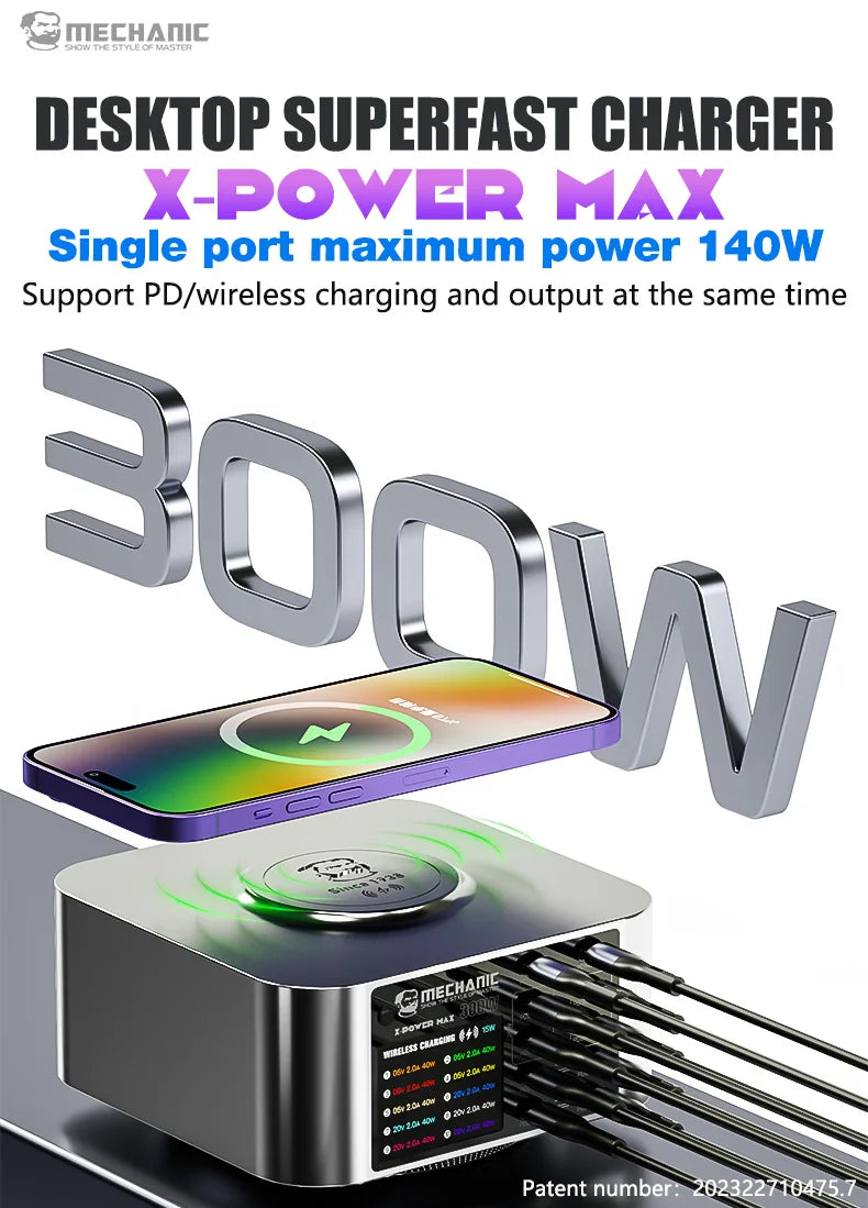 Mechanic X-POWER Max 10 Ports Desktop Charger QC3.0 PD3.1 Quick Charge For iPhone 15 14 13 Xiaomi Laptop Wireless Charger Tool