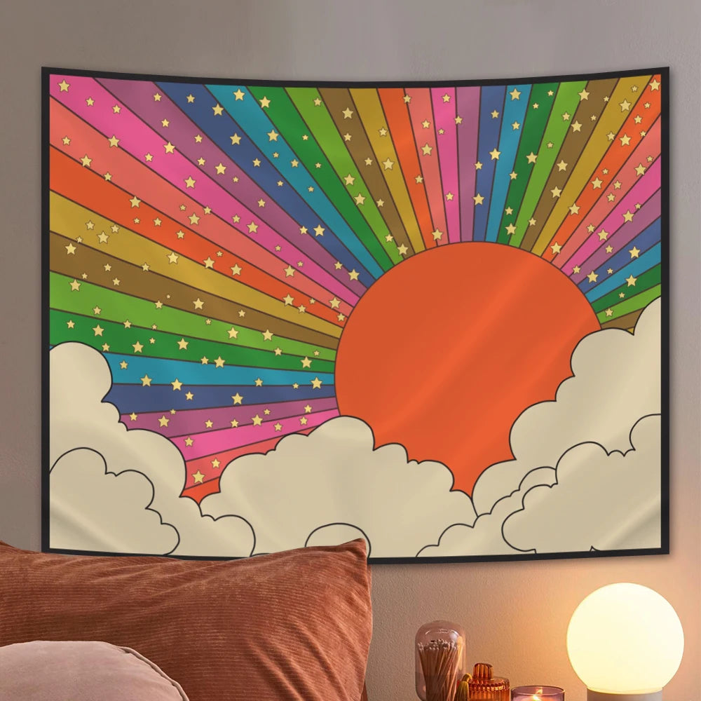 Boho Sun Tapestry Wall Hanging Moon Phase Rainbow Tapestries Bedroom Decor Bedspread Throw Cover