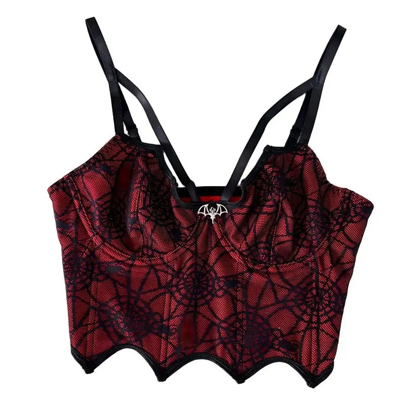 Gothic Spider Web Boned Corset Top Women Y2K Cropped Cami Tank Top