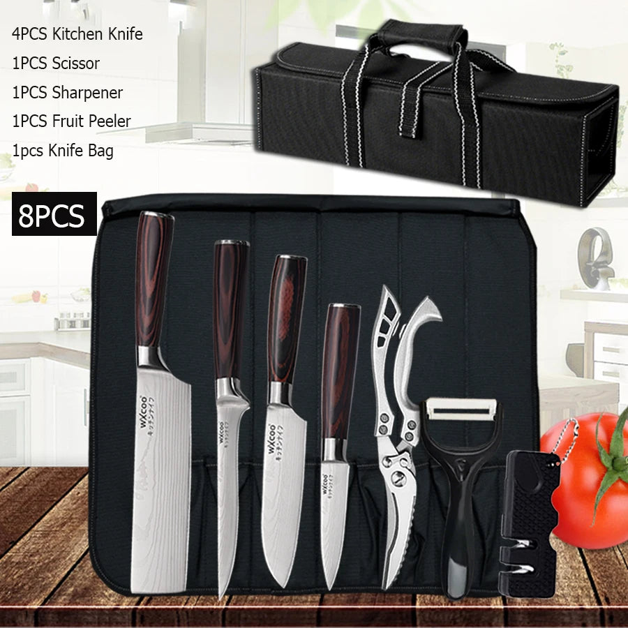 WXCOO Japanese Knife Set with Knife Bag Kitchen Knives Damascus Laser Fish Fillet Meat Cleaver Fruit Peeler Santoku Cutter