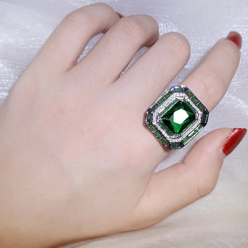 Fashion 925 Sterling Silver Rings for Women Trendy Metal Inlaid Square Princess Emerald Stone Wedding Engagement Jewelry