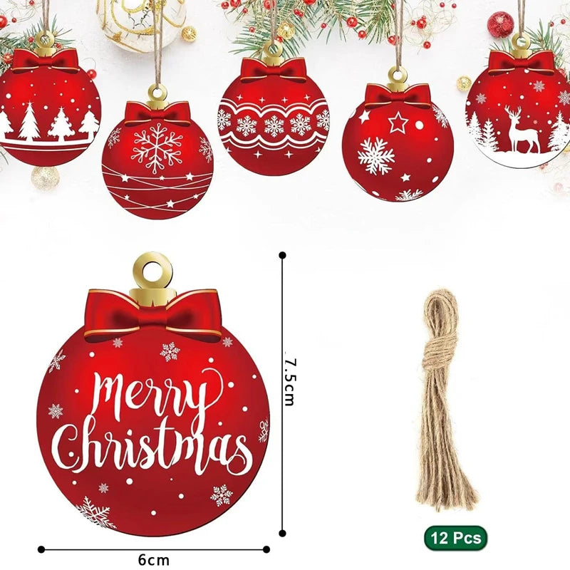 12Pcs Christmas Wooden Ball Ornaments Xmas Tree Hanging Pendant DIY Craft Merry Christmas Decoration For Home 2025 New Year Gift