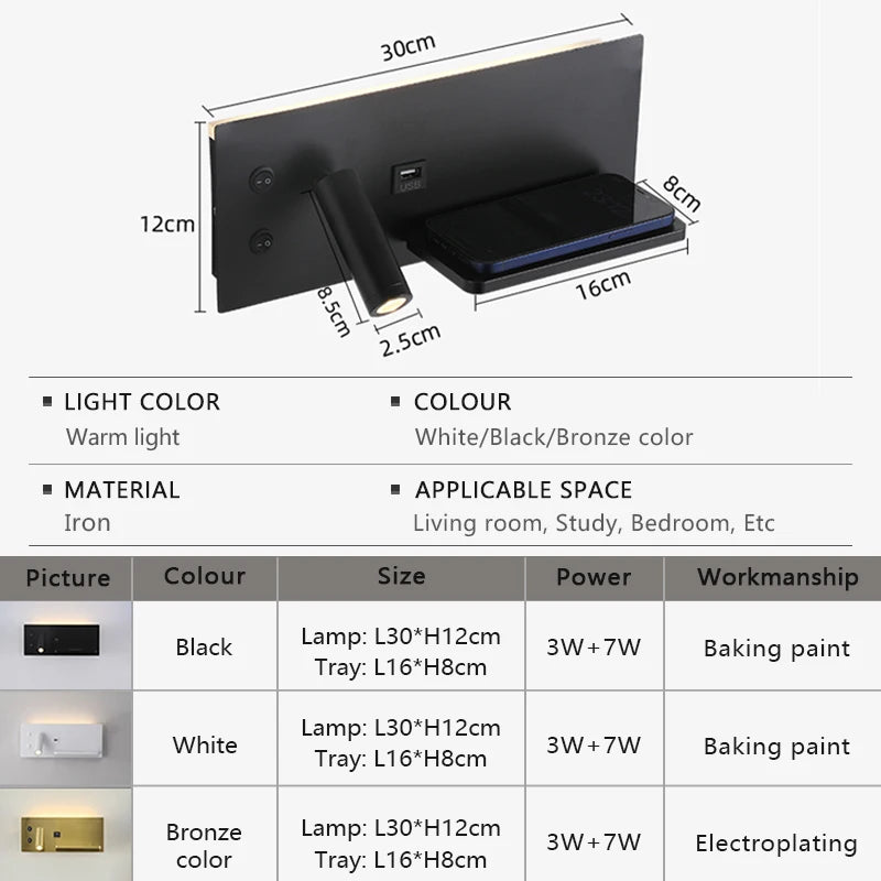 Multi Functional Wall lamp with Mobile phone Wireless charger switch USB interface Bedroom Night light LED Reading wall light