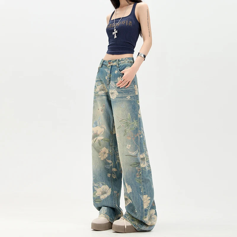 Summer Y2K Pants Jeans for Woman Loose Fit High Waist Retro Wide