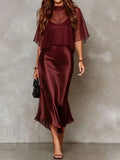 Elegant Women's Chiffon Cape Top Satin Mermaid Dresses Fashion