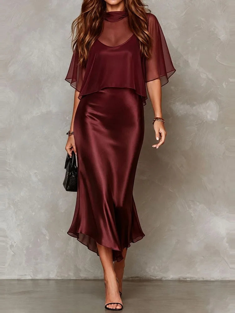 Elegant Women's Chiffon Cape Top Satin Mermaid Dresses Fashion