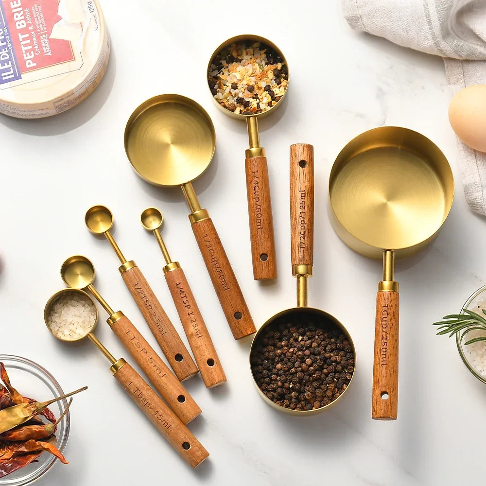 1/4Pcs Stainless Steel Measuring Cups and Spoons Set with Wooden Handles Multifunctional Baking Tool for Cooking and Baking