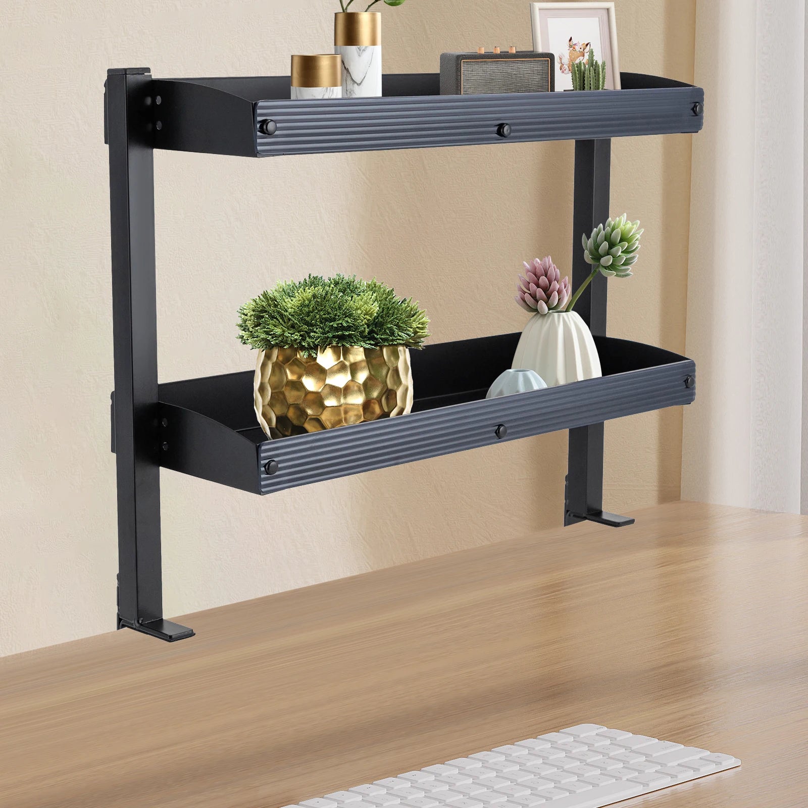 Adjustable 2-Tier Desk Shelf Clamp-On Storage Tray for Displaying Photos Decorations Clip-On Desk Organizer Shelf