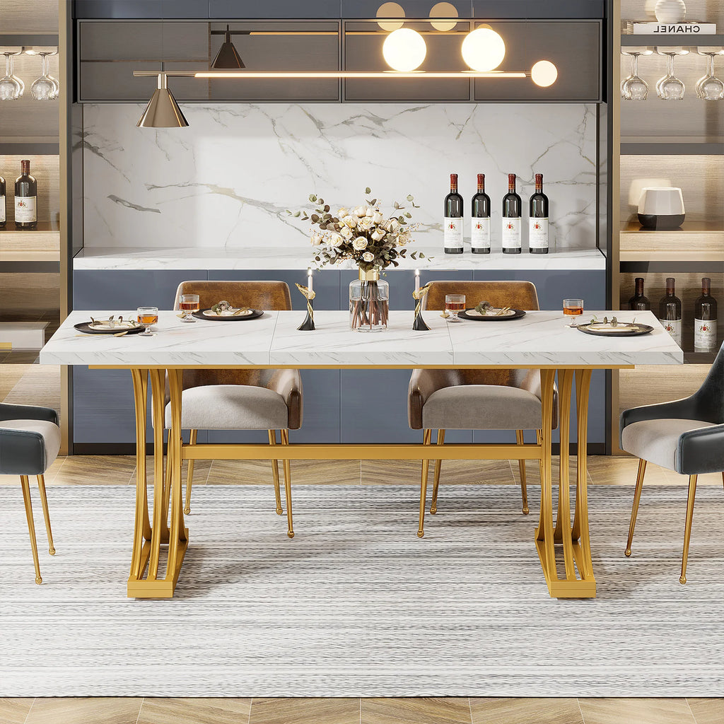 63-Inch Faux Marble Dining Table, White