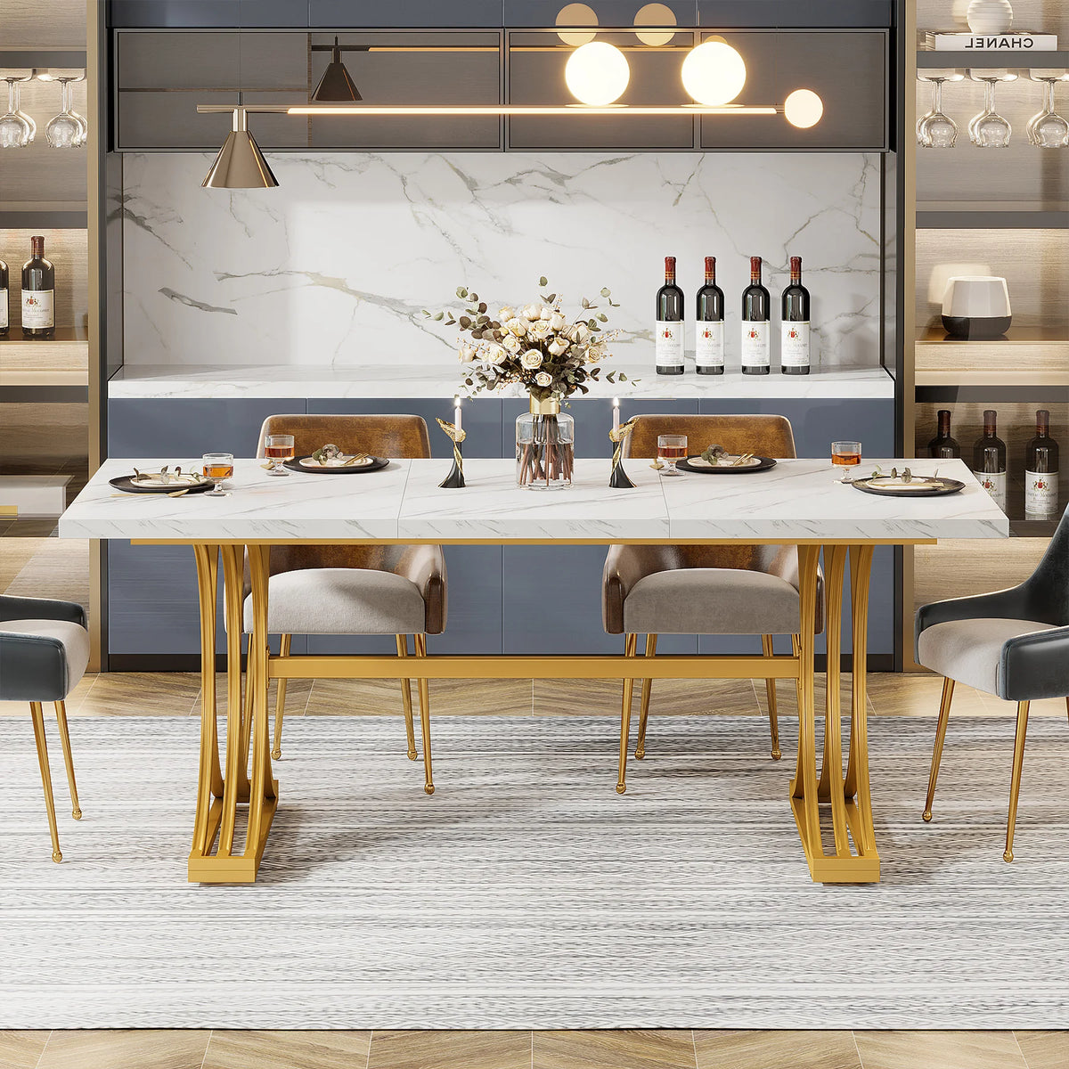 63-Inch Faux Marble Dining Table, White