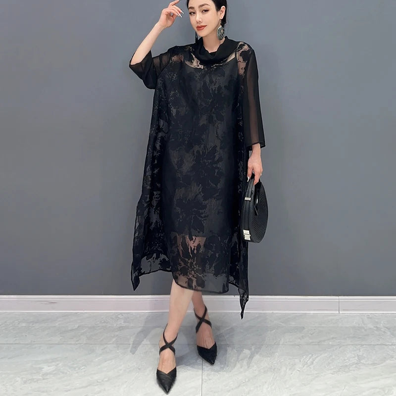 Loose Fit Chic New 2024 Summer Woman Solid Black Organza Dress Unique Wear Korean Style Large Mesh Dress Big Size Robe JJXD806