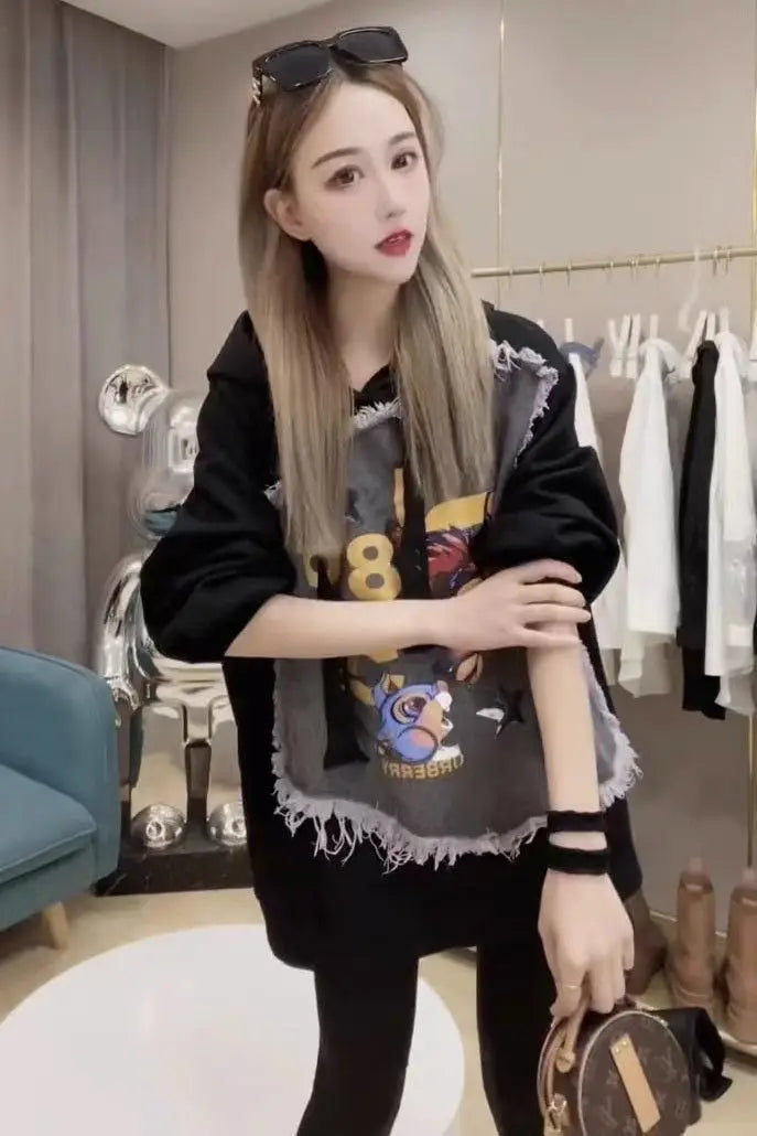 Graphic Hoodies Female Streetwear Sweatshirt Hoodie Pullover Korean Fashion Hooded Autumn Winter Tops Denim Jackets for Women