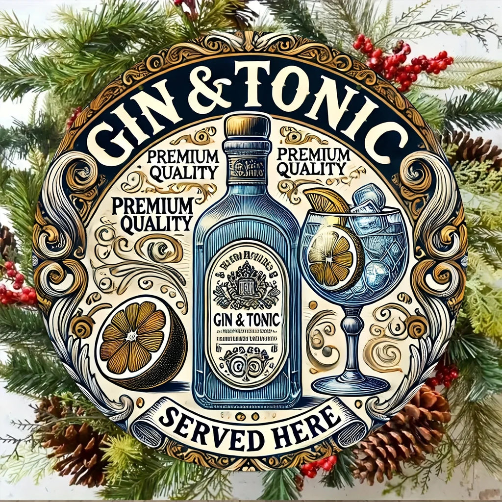 One 2D flat wooden circular sign with a retro style, "Gin and soda water are provided here" - country-style home wall decoration