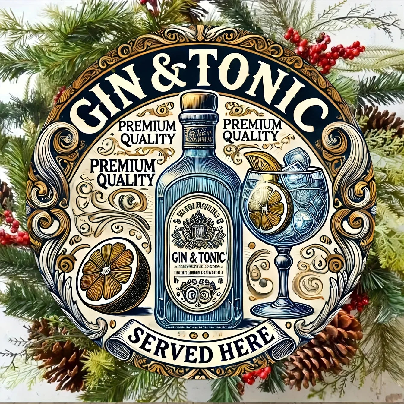 One 2D flat wooden circular sign with a retro style, "Gin and soda water are provided here" - country-style home wall decoration