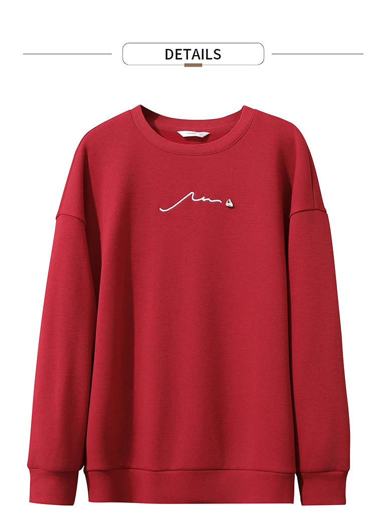 Amii Woman Sweatshirts 2025 Winter New Loose Warm Long Sleeve Female Sweatshirt Embroidery Pullover O-Neck Top Female 12524025