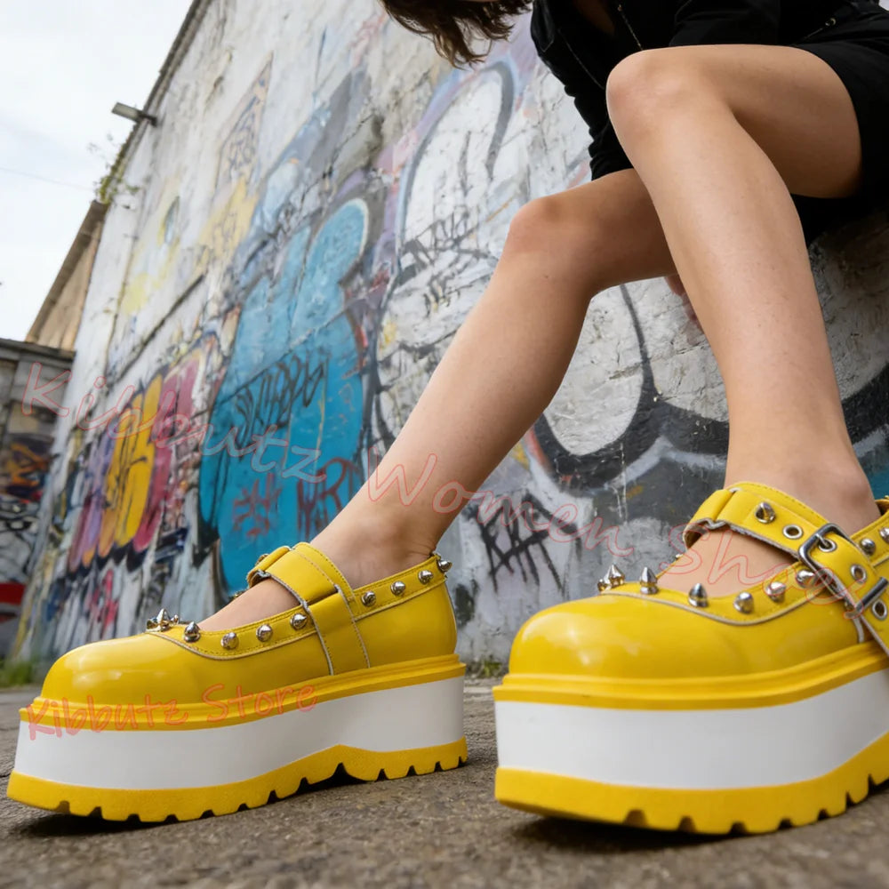 Mary Janes Pumps Platform Rivets Women Shoes Buckle-Strap
