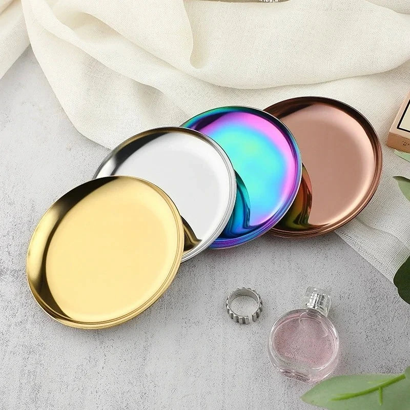 Colorful Metal Trays 10cm Round Stainless Steel Shallow Plates Vacuum Plating Jewelry Holder Desk Organizer