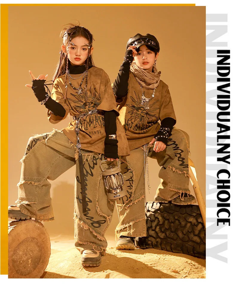 Boys Wasteland Punk Street Dance Sweatshirt Jeans Pants Girls Hip Hop Clothes Sets Kids Jazz Stage Costumes Children Streetwear
