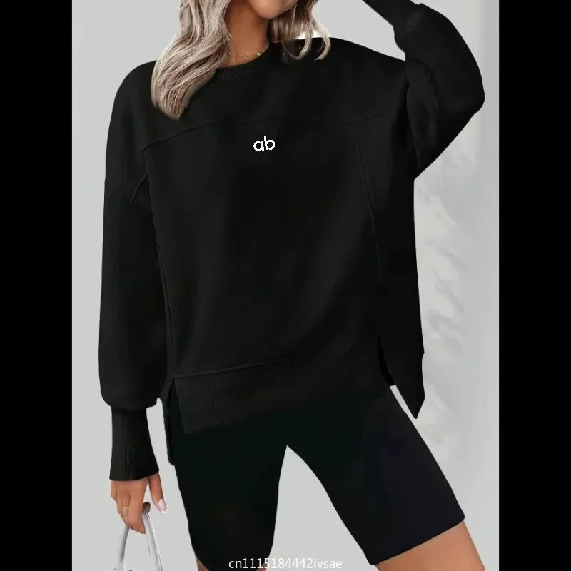 Women Autumn Winter Crew Neck Sweatshirt Long Sleeve Split‑hem