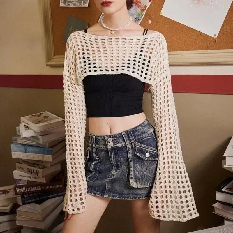Women Y2K Crochet Knit Hollow Out Crop Top Long Flared Sleeve