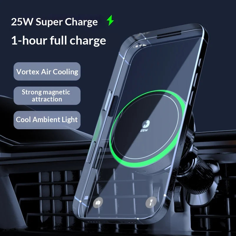 Qi2.2 Car Magnetic Wireless Charger Stand  LED Phone Holder  Air-Cooling Fast Charging Station For Magsafe iPhone 17~12 Pro Max