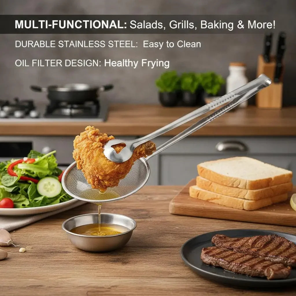 Stainless Steel Fine Mesh Strainer Spoon with Clip Multifunctional Kitchen Colander Skimmer for Frying Oil Filtering Salad Barbecue Serving Heat Resistant Cooking Gadget Home Dining Bar Supplies Everyday Use Gift