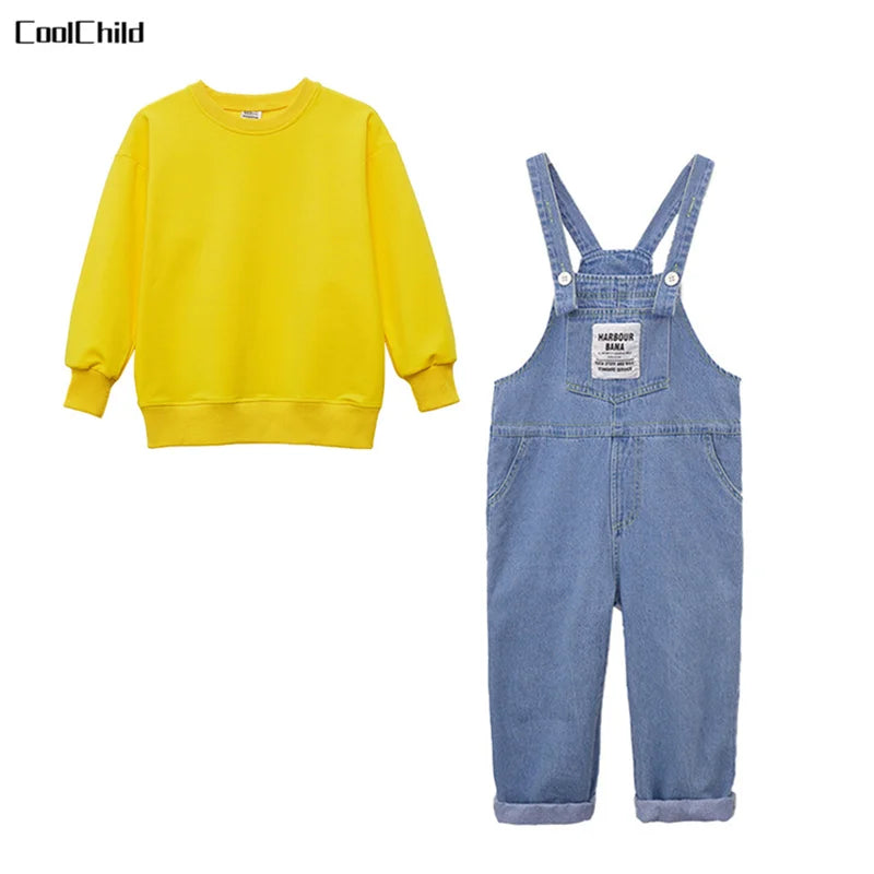Boys Hip Hop Solid Sweatshirt Denim Loose Overalls Girls Crop Top Kids Dungaree Child Jumpsuit Street Dance Romper Streetwear