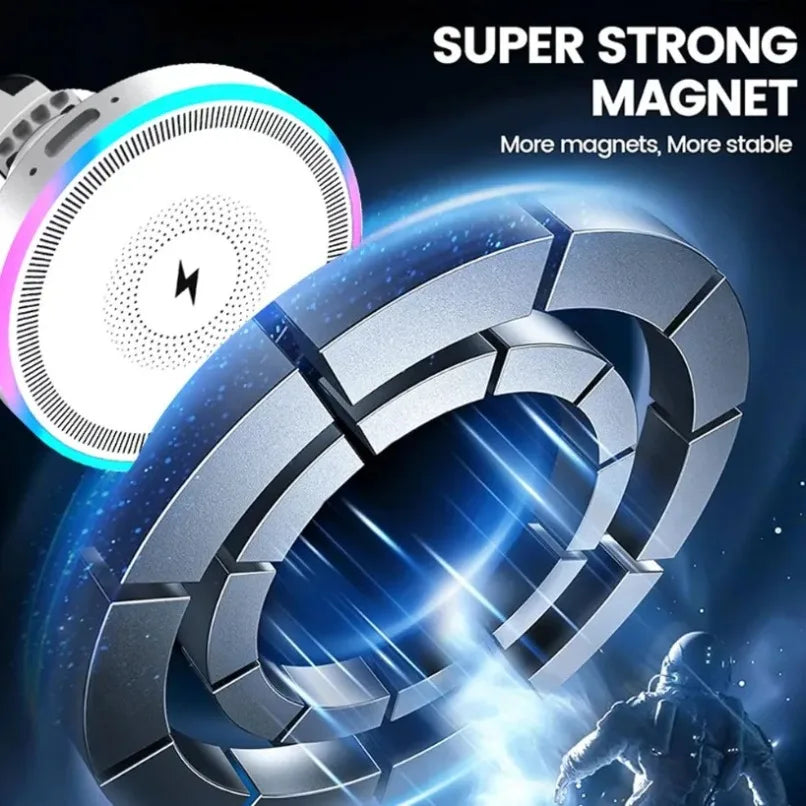 Car Magnetic Wireless Charger Air Vent Bracket Clip Phone Holder Stand RGB Light For iPhone 16 15 14 13 12 Pro Max Fast Charging