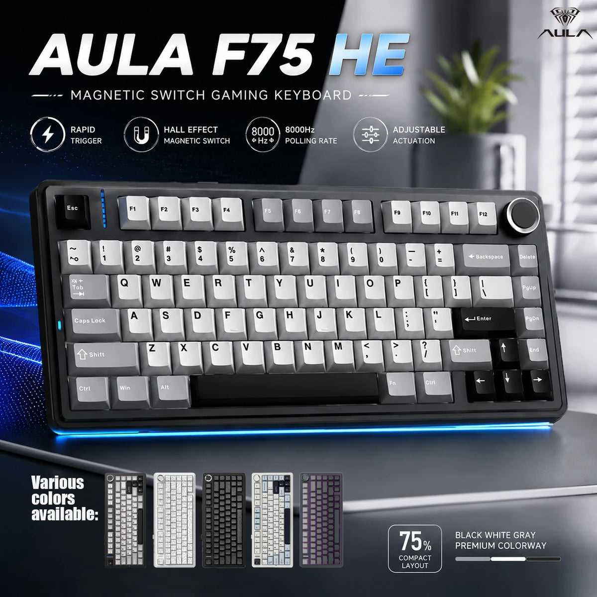 AULA F75 HE 75% Mechanical Keyboard Hall Effect Tri-Mode 2.4G