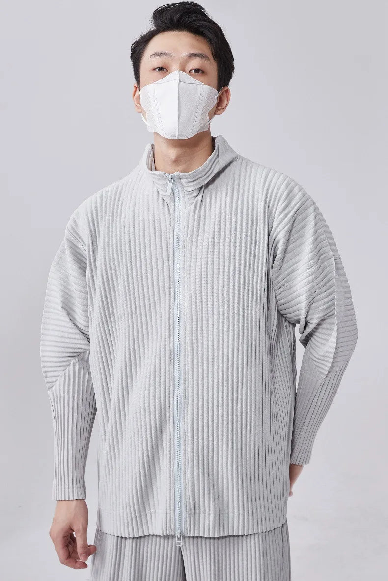 Miyake Men's Pleated Jacket Long Sleeve Standing Collar Fold Jacket Coat High Collar Zip Sweatshirt 2025 Spring Summer New Tops