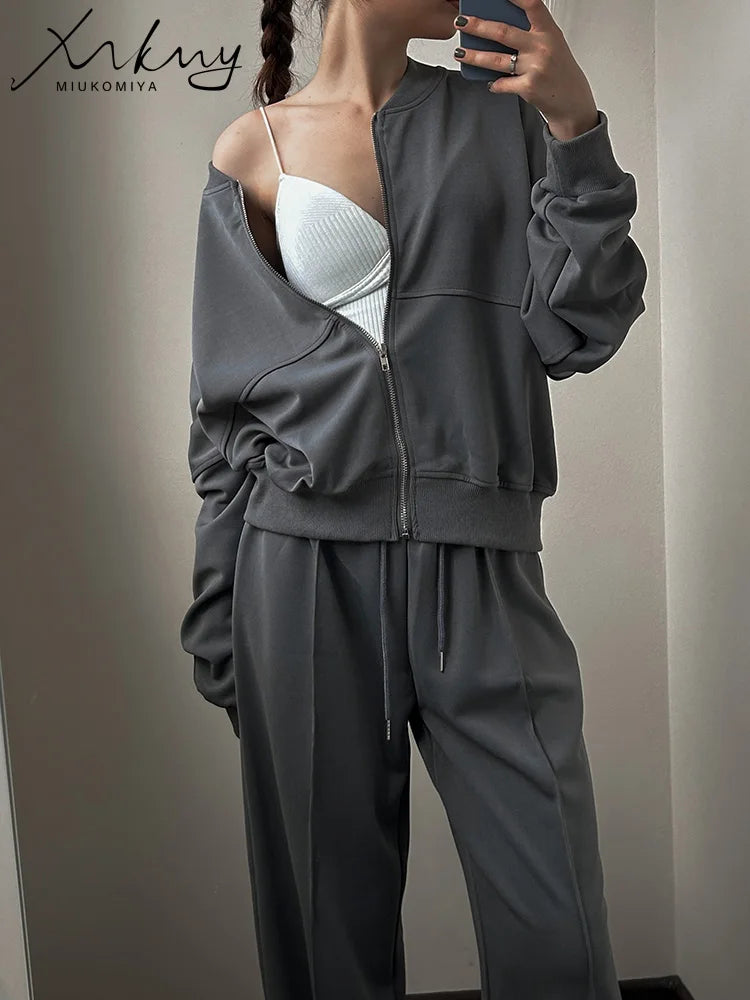 Gray Straight Pants Two Pieces Sets Women Outfit Long Sweatpants Street Wear Zipper Jacket Track Suits Sweatshirt Sets For Women